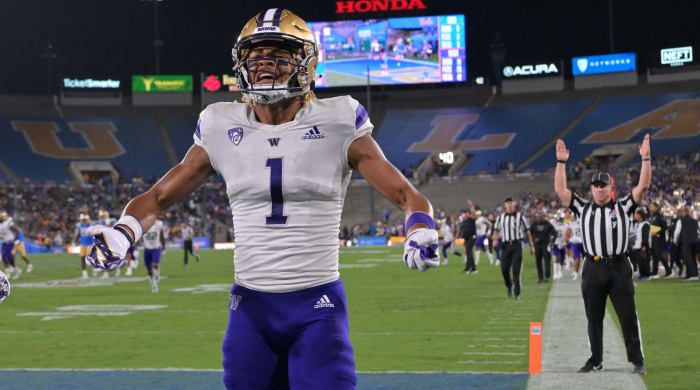 Washington wide receiver Rome Odunze celebrates after a touchdown against UCLA.